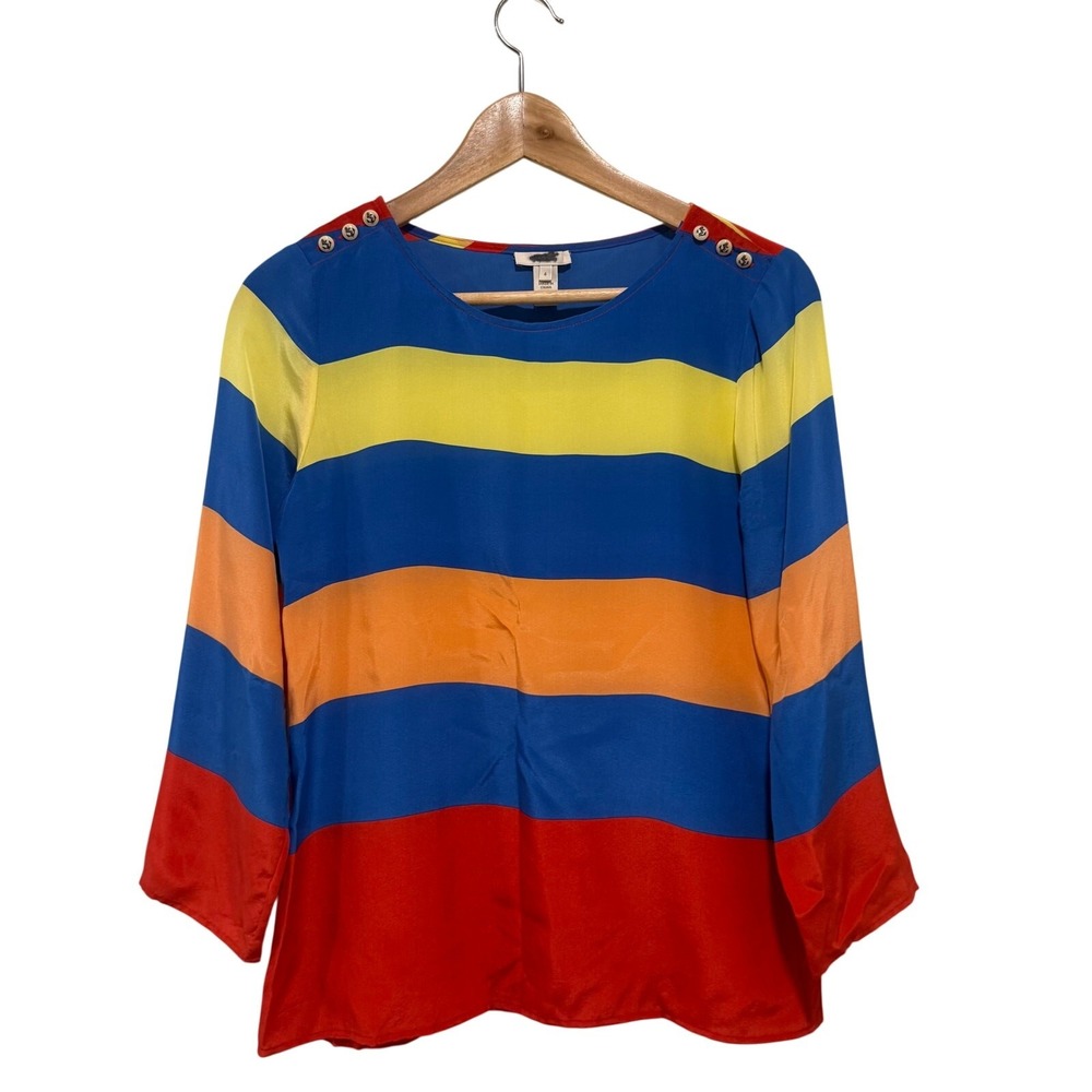 J.Crew Silk Striped Blouse Size 4 Nautical‎ Anchor Button Detail Colorblock Top